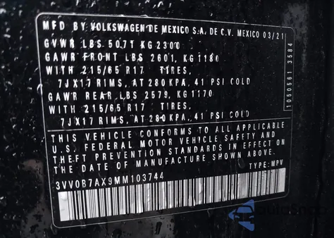 2021 Volkswagen Tiguan 2.0T S from USA, damaged, VIN 3VV0B7AX9MM103744